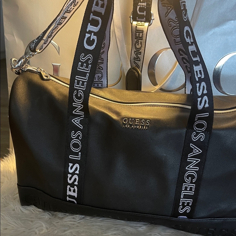 GUESS Black Duffel Bag with Logo Straps
